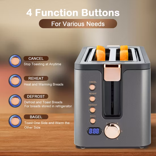 Heißer Verkauf 6 Bräunungseinstellungen Warmhalterost Langschlitz-4-Scheiben-Toaster